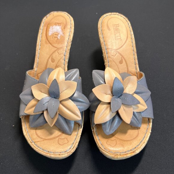 Born Women 9 M/W Leather Flower Wedge Sandals Slip Ons Cork Heel 3"  Beige Blue - Picture 14 of 14